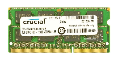 Memory RAM 1x 4GB Crucial SO-DIMM DDR3 1600MHz PC3-12800 | CT51264BF160B